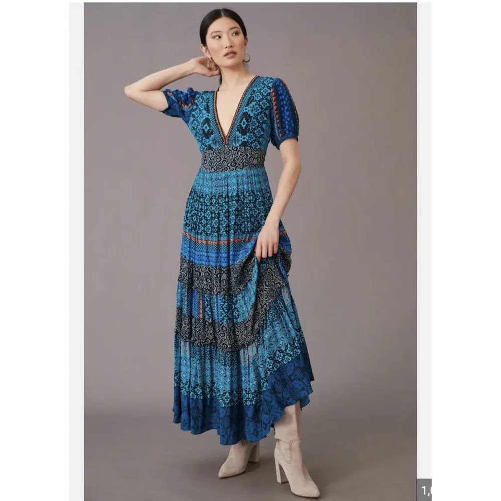 Anthropologie Blue Patterned Maxi Dress